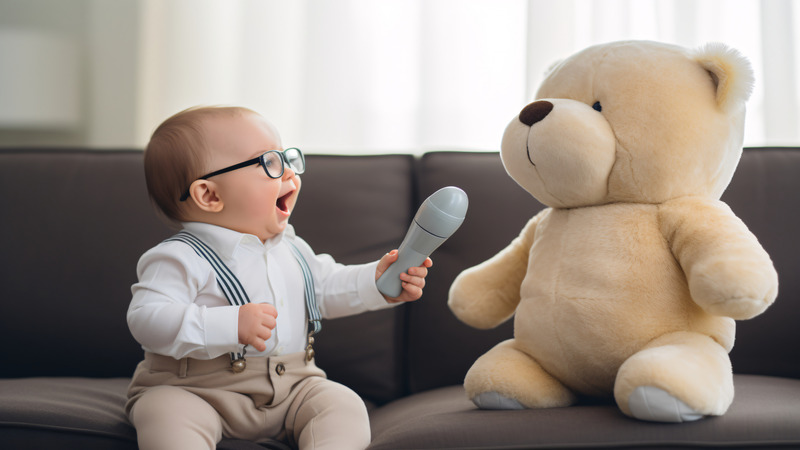 baby holding a microphone to teddy bear